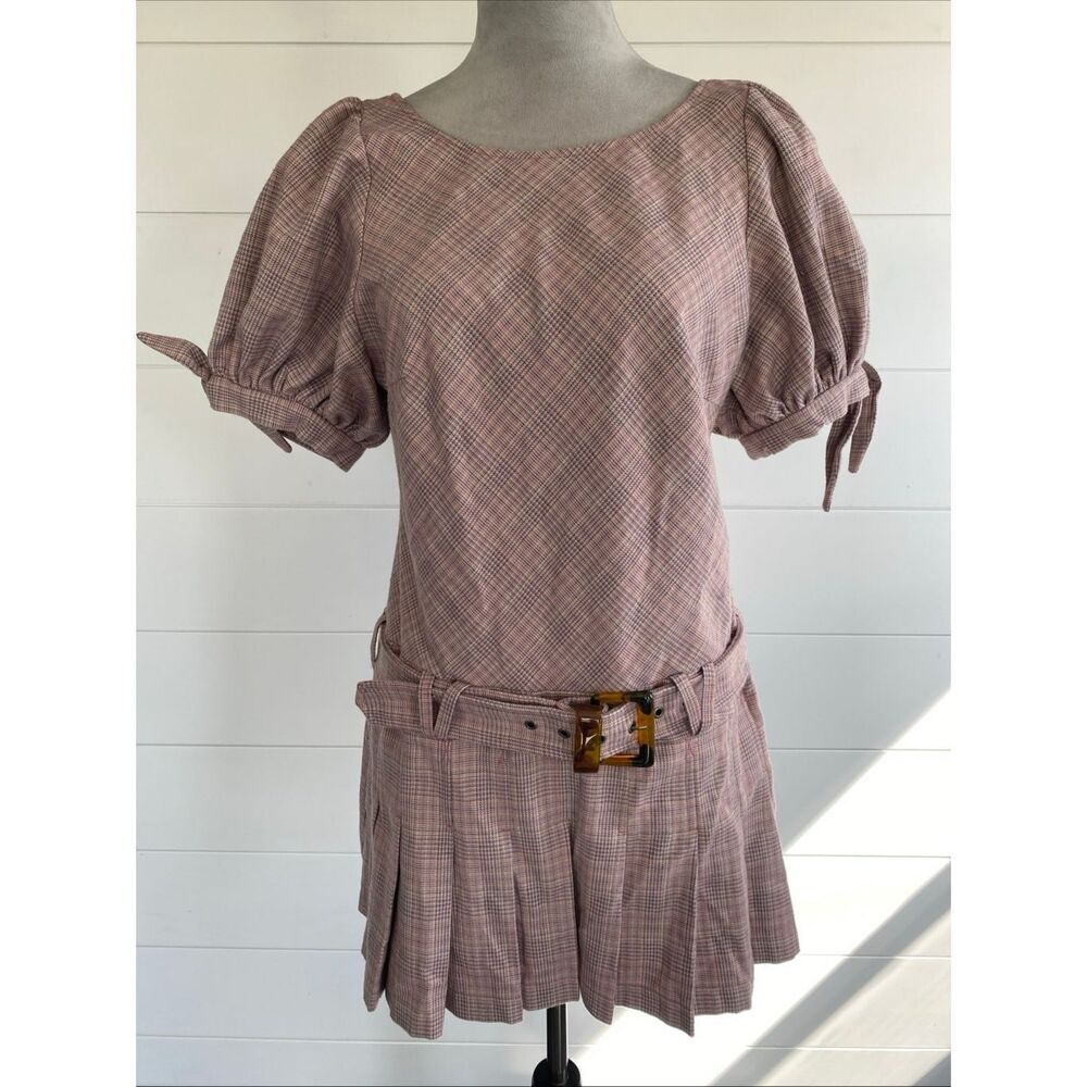 Free People Sevi Plaid Mini Dress Puff Sleeve Grey and Pink Combo Size M NWOT - Picture 3 of 12